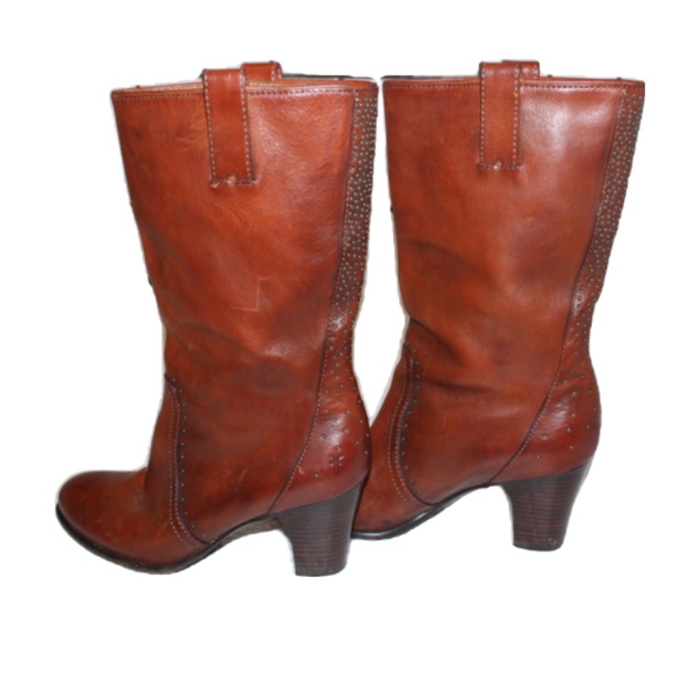 FRYE leather brown mid calf heeled studded fiona boot